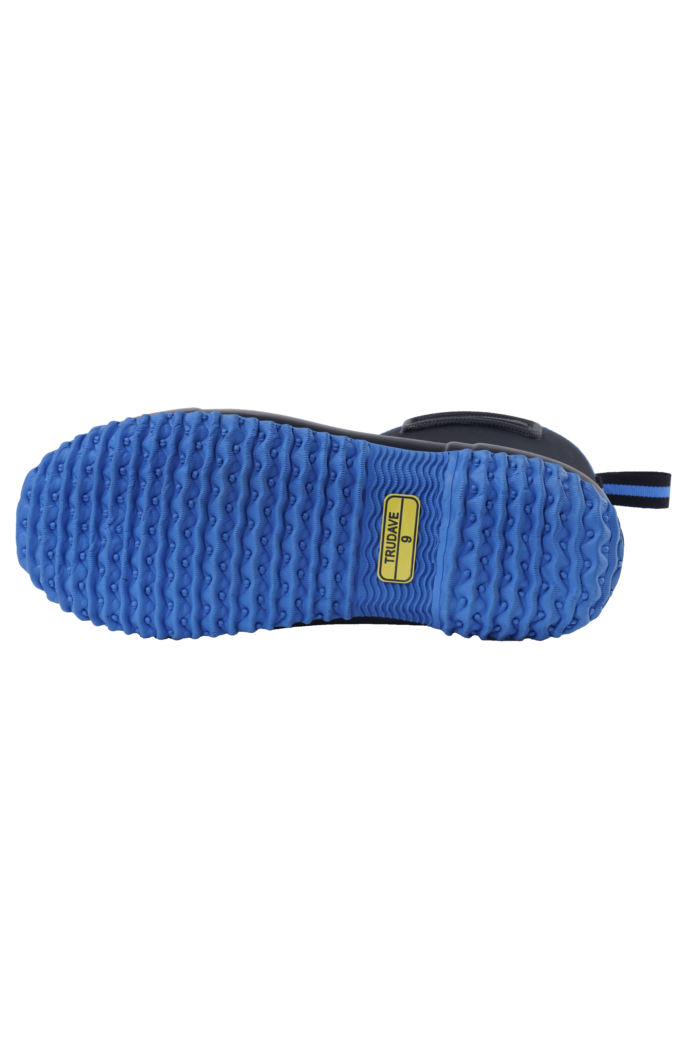 alt="Close-up of the blue outsole on Trudave MudFlex Series men’s waterproof rain, garden and farm boots, showing rugged tread pattern for enhanced traction, slip resistance, and durability in wet, muddy, or outdoor work environments"